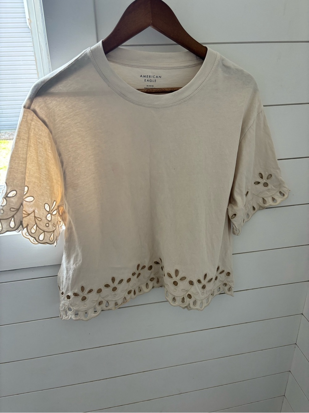 American Eagle Outfitters Cream Eyelet-Hem Short Sleeve Top